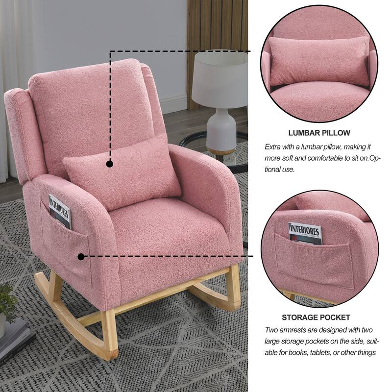 High Back Rocker Accent Chair with Wood Base, One Lumbar Pillow and Two Side Pockets