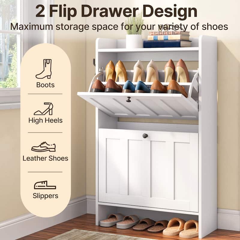 Shoe Cabinet with Flip Drawers, Slim Shoe Storage Cabinet for Entryway, Freestanding Narrow Rack with Open Storage