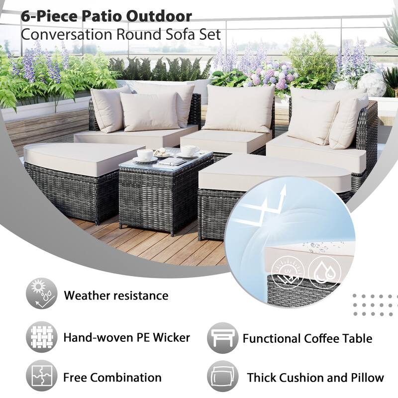 Roomfitters 6-Piece Patio Outdoor Conversation Round Sofa Set with Coffee Table