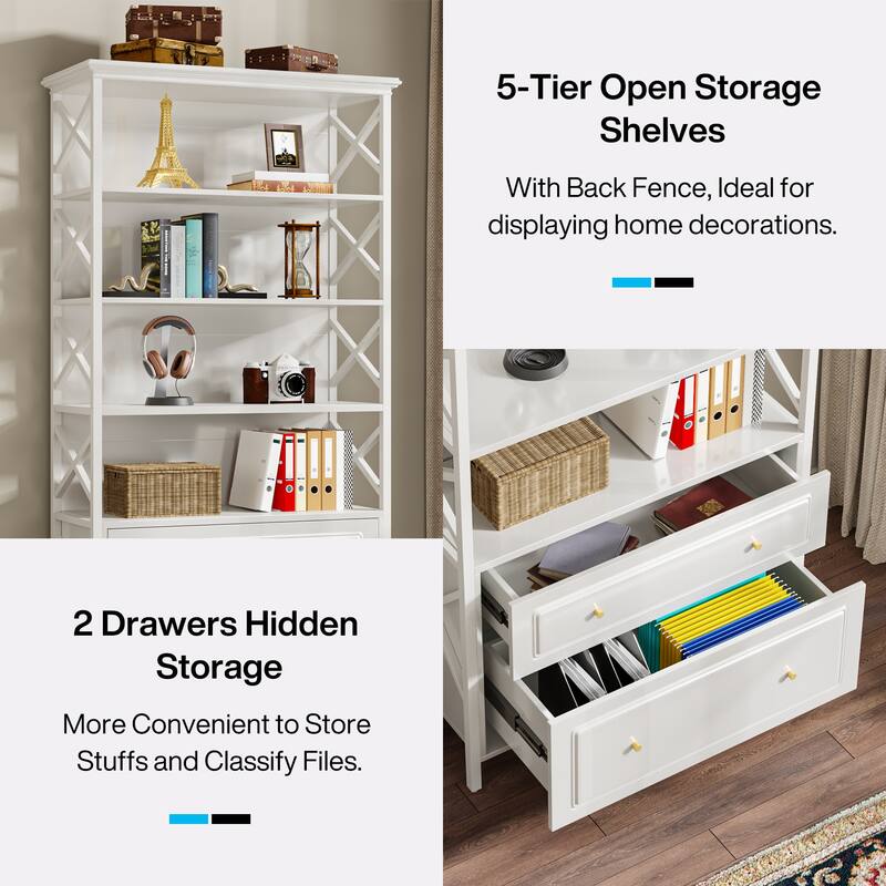 Tall Narrow Bookshelf with 2 Drawers 5 Tier Bookcase Book Shelf Organizer with Open Storage Shelves for Living Room Bedroom