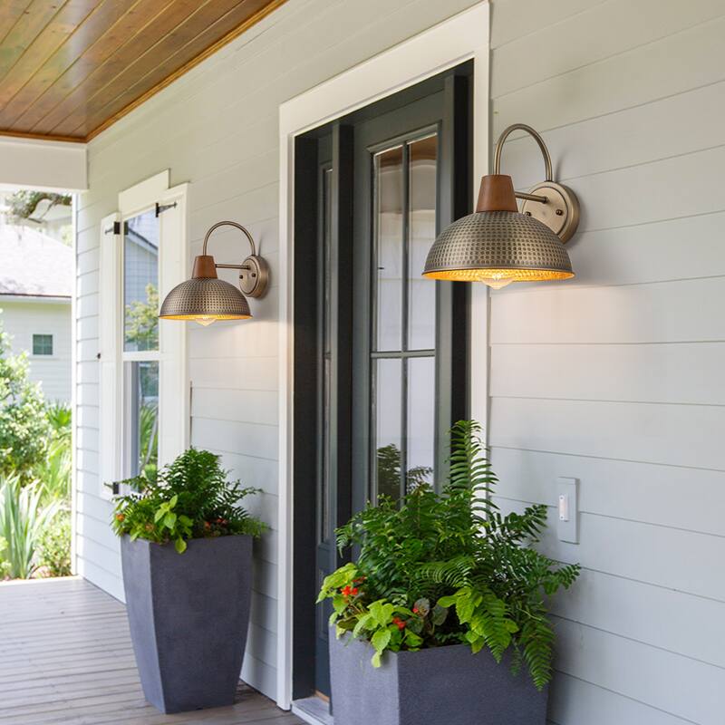 Farmhouse Industrial 1-Light Wall Sconce with Hammered Metal Shade Barn Outdoor Light - W10.24"