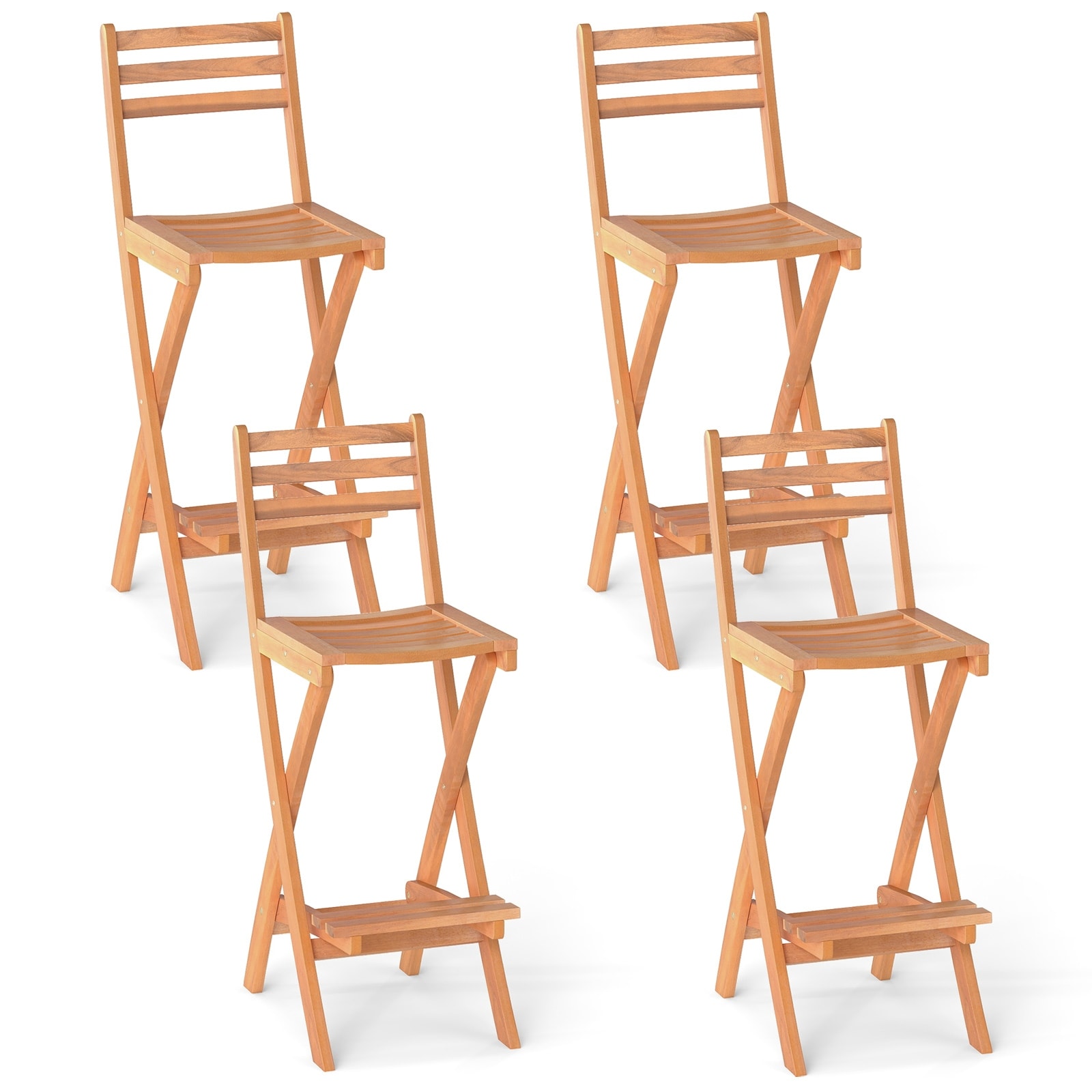 Gymax Outdoor Folding Bar Stools Set of 4 w/Backrest Footrest Wooden