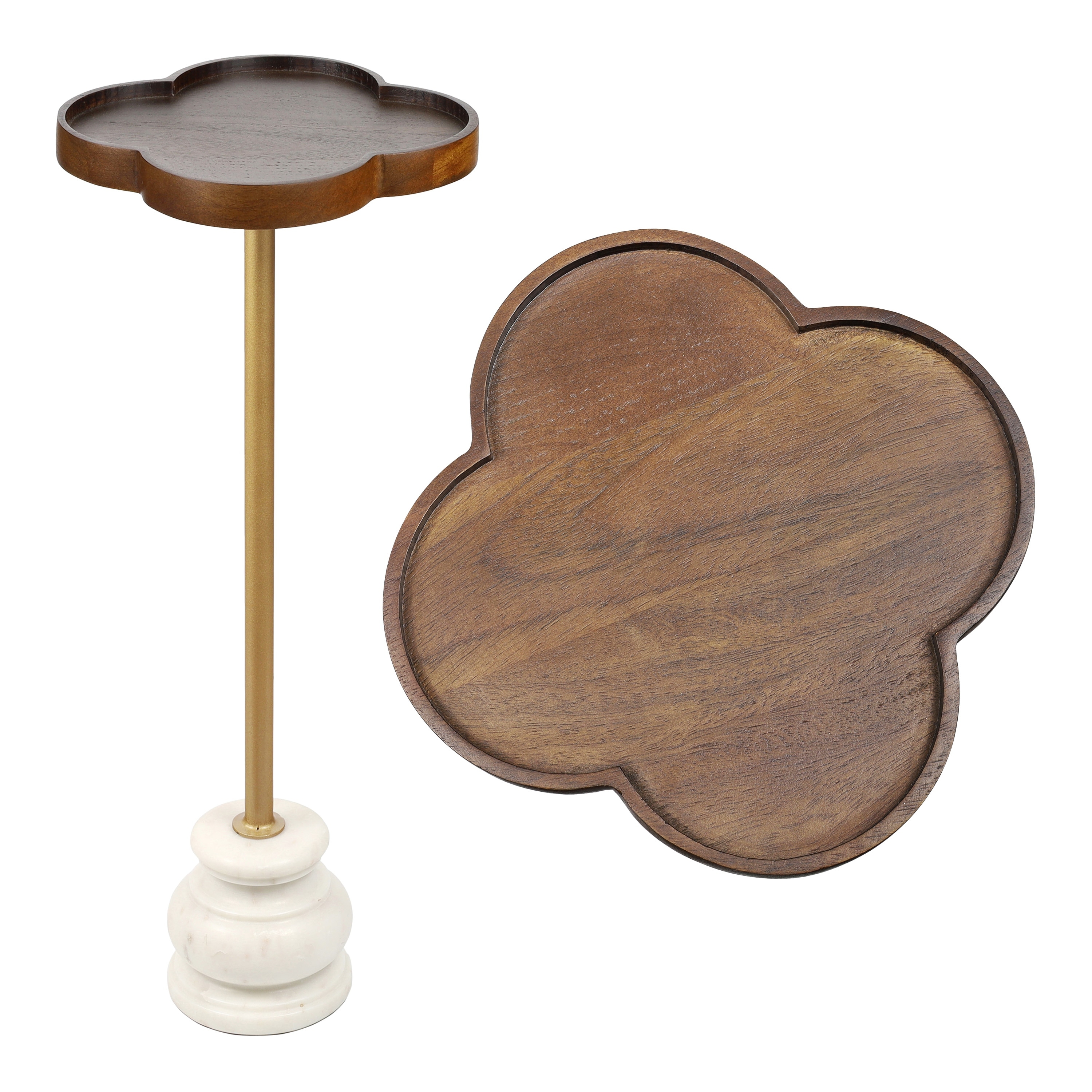 Colby Transitional Quatrefoil Top Drink Table - Iron Pedestal Marble Base Martini Accent End Table