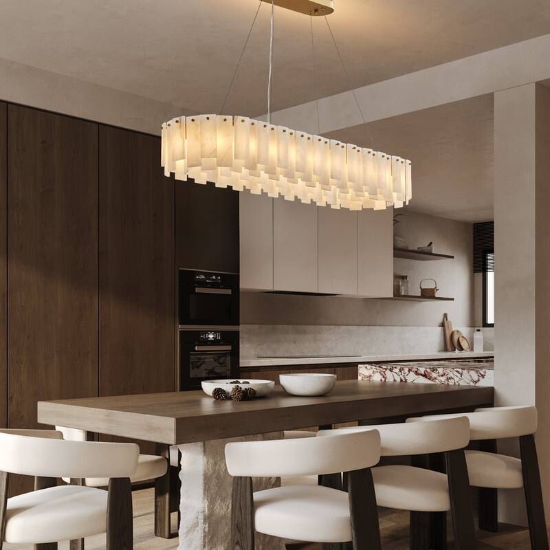 Modern Layered Alabaster Slice Chandelier, Round or Linear Pendant Light, D600-L1200 - Gold