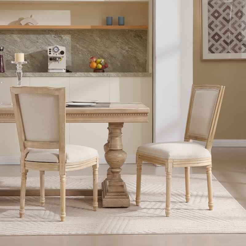 French Country Dining Chairs Set of 2, Upholstered Chairs with T-shaped Back, Wire drawing and carving techniques - Beige