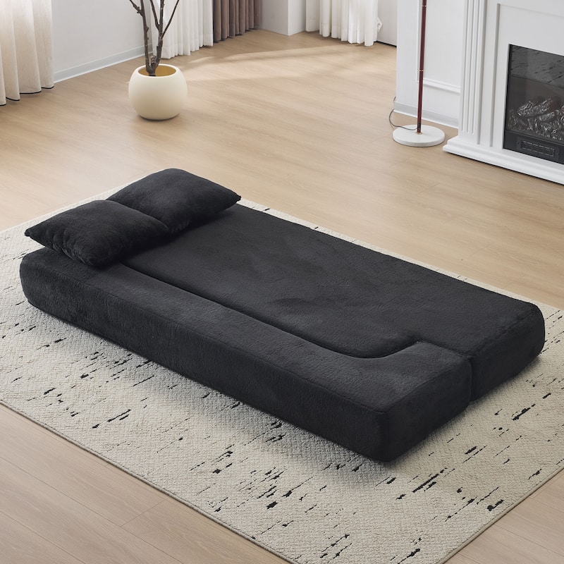 74.81" Faux Fur 3-in-1 3-Seater Floor Sofa, Converts to Bed with Memory Foam