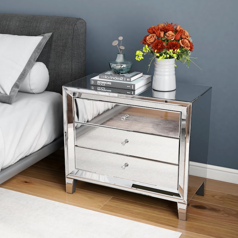 Glam Mirror Nightstand Bedside Table with 3 Drawer Chest - Silver - 3-drawer