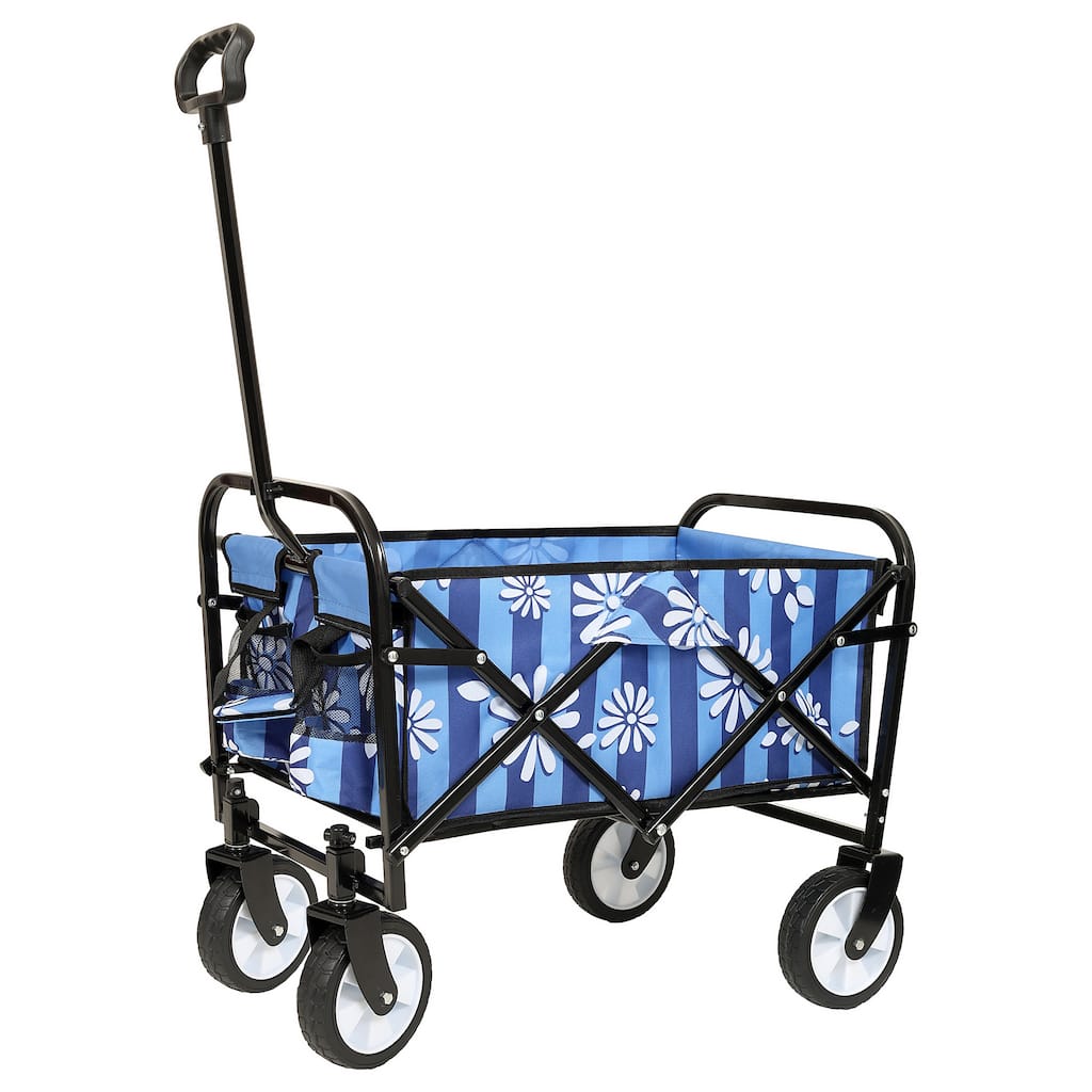 Patterned Collapsible Utility Wagon - Blue Vertical Stripe Design with Storage Straps, 225lb Capacity