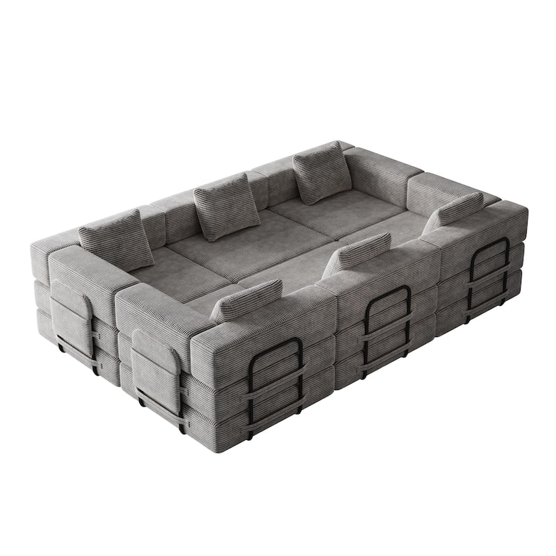 Corduroy Folding Loveseat Couch Set of 3 Convertible Sleeper Sofa Bed with Side Pockets, Modular Floor Mats with Anti-slip Pads