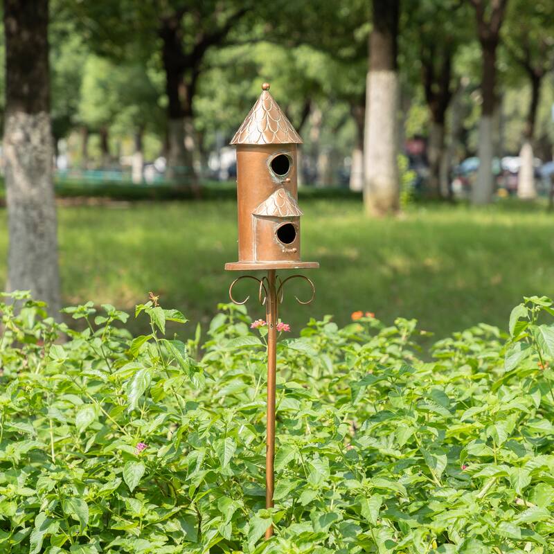 Glitzhome 53"H Farmhouse Distressed Metal Standing Churchlike Birdhouse Garden Stake - Gold