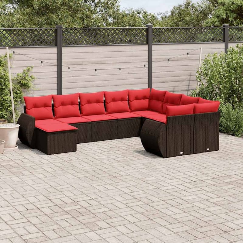 vidaXL 10 Piece Patio Sofa Set with Cushions Black Poly Rattan - 24.4" x 24.4" x 27.2" - Brown and red