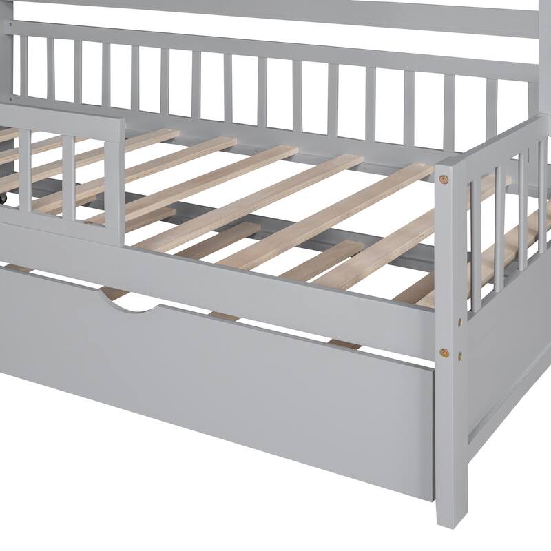 Cute Wooden Twin or Full House Bed with Trundle, Kids Bed Wood Platform Bed Frame with Safety Guardrail & Storage Shelf