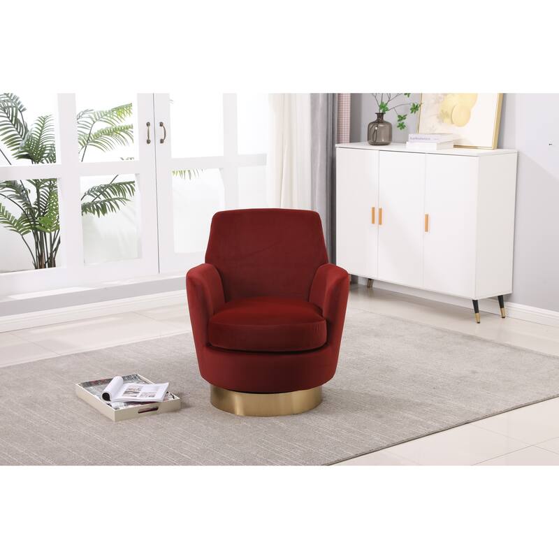 Red Velvet Modern 29.3" Upholstered Swivel Barrel Chair with Gold Stainless Steel Base