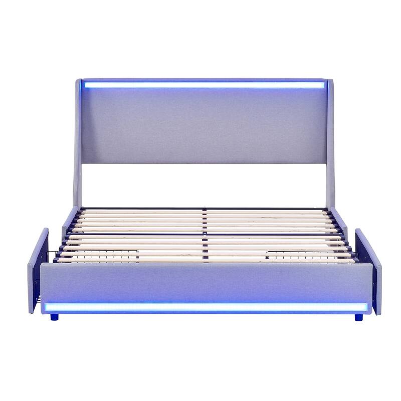 Upholstered LED Bed Frame with 2 Storage Drawers and Wingback Headboard, Linen Fabric Platform Bed with Charing Station