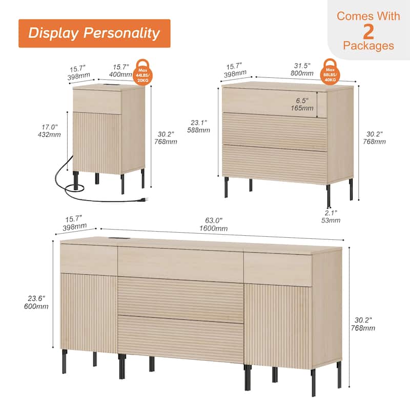 63" Wooden Reeded Sideboard With Built-In Charging Station, 3-In-1 Modern Credenza