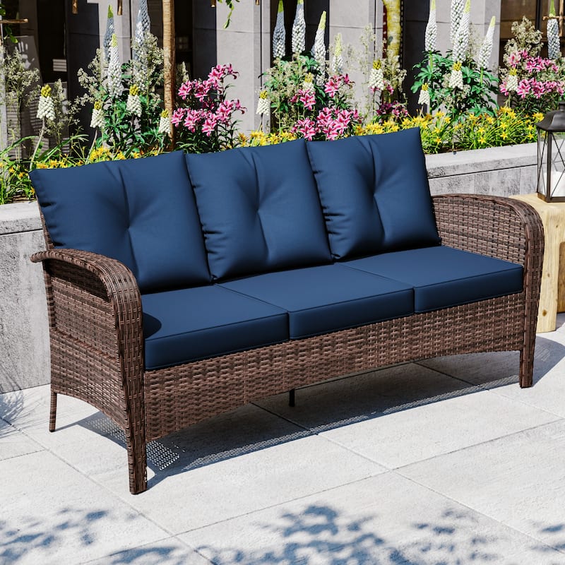 Cozywor 72"Wide 3-Seat Brown Wicker Outdoor Sofa, Couch Patio Sofa with Deep Seating and Thick Cushions, Red - Blue