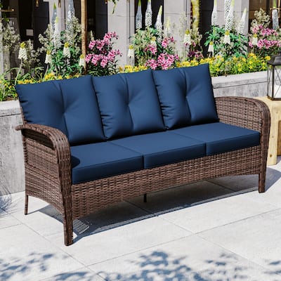 Cozywor 72"Wide 3-Seat Brown Wicker Outdoor Sofa, Couch Patio Sofa with Deep Seating and Thick Cushions, Red