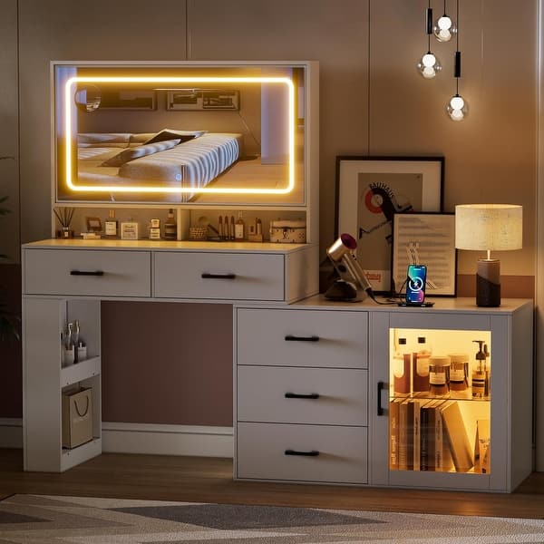 DYHOME Makeup Vanity Desk With Mirror And Lights & Charging Station White Table 6 Drawers Jewelry Storage Make Up Set Bedroom Stool Included 3 Color Modes