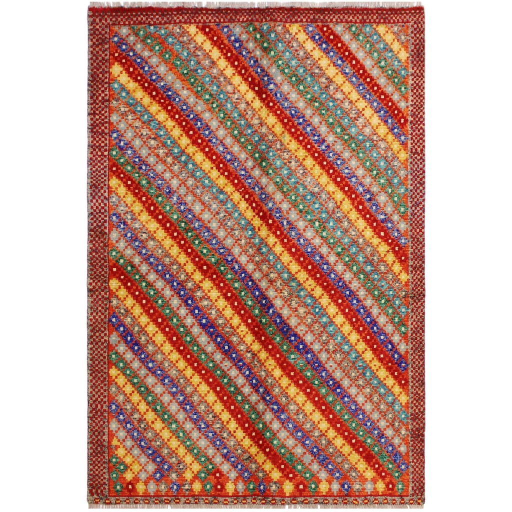 Modern Balochi Abbott Orange/Blue Hand Knotted Wool Rug - 5'1'' x 6'7''