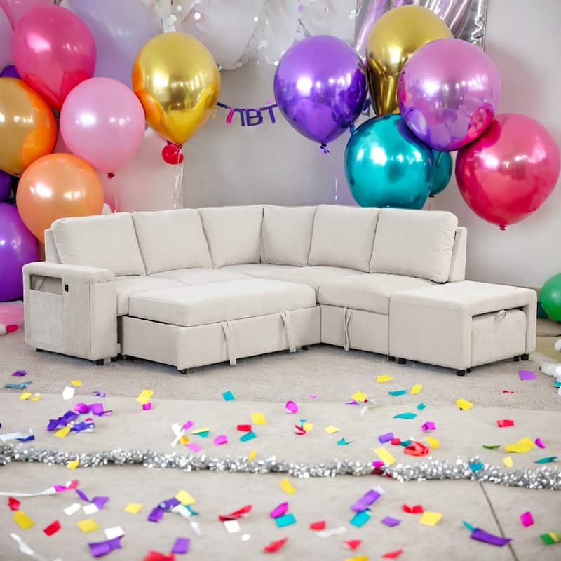 Modular L-Shaped Sectional Sofa, Pull out Sleeper Sofa Bed with Storage - Blue