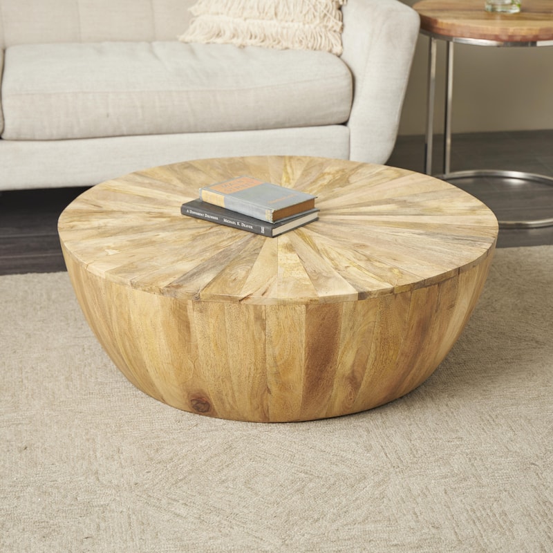 Mango Wood Handmade Round Living Room Coffee Table - Brown - Roche River Decor
