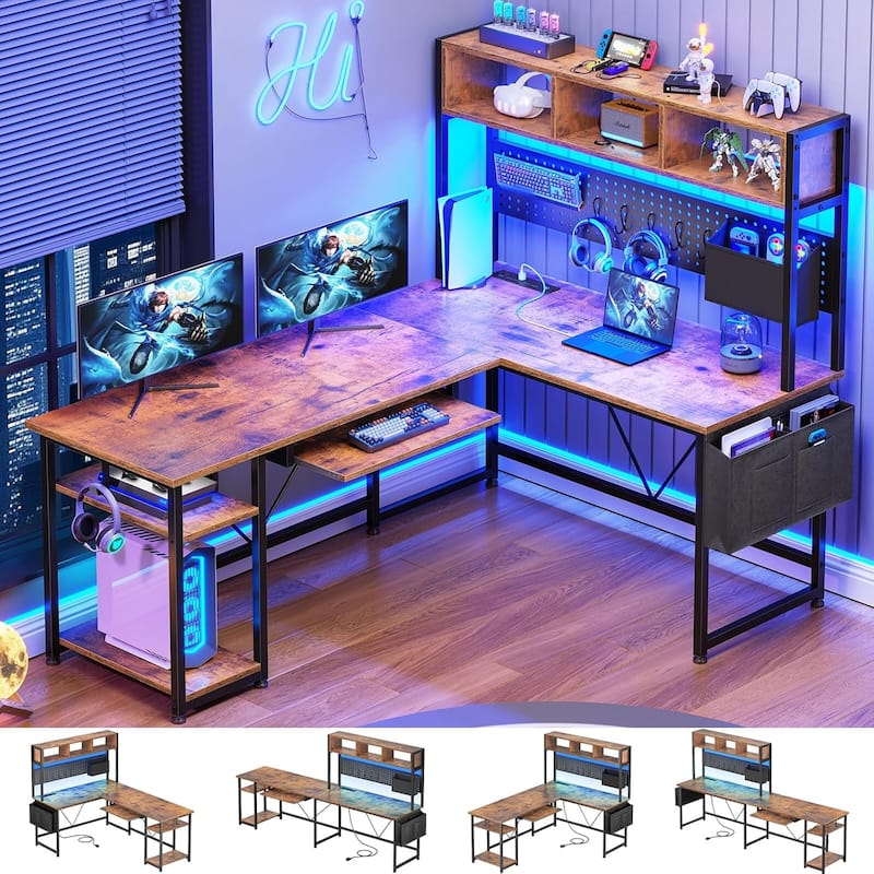 L Shaped Gaming Desk Computer Desk Corner Desk Pegboard Power Outlet -  57.5"W - Brown
