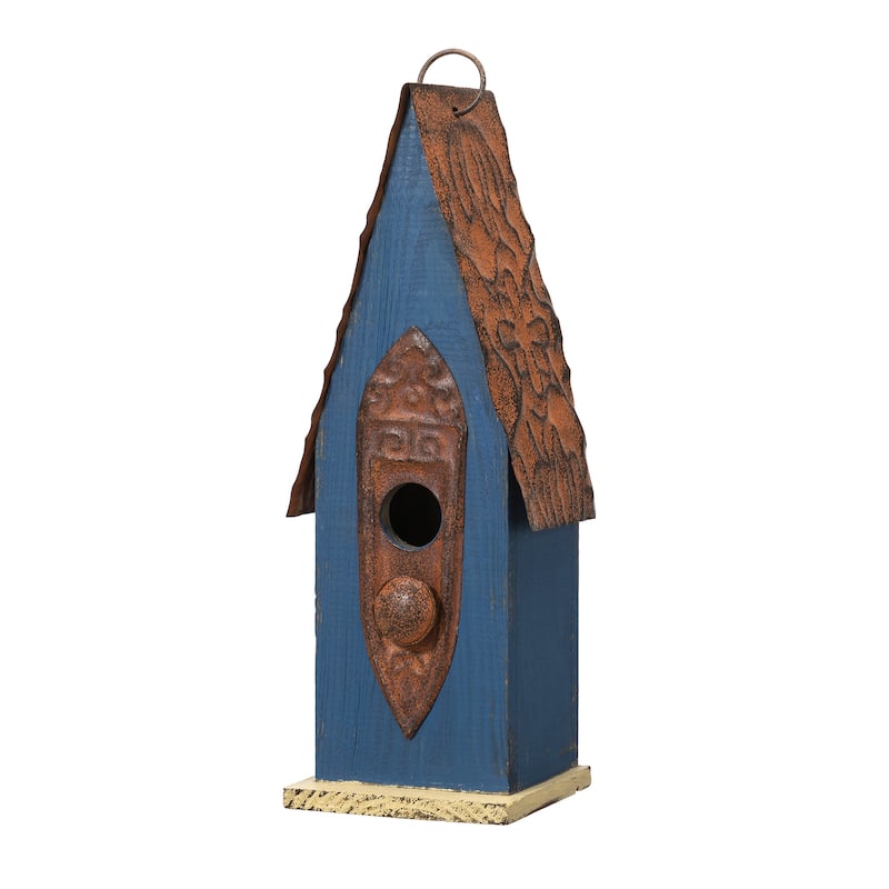 Glitzhome 13"H Retro Wooden Distressed Garden Birdhouse - 4.5"L x 4.25"W x 13.25"H - Blue