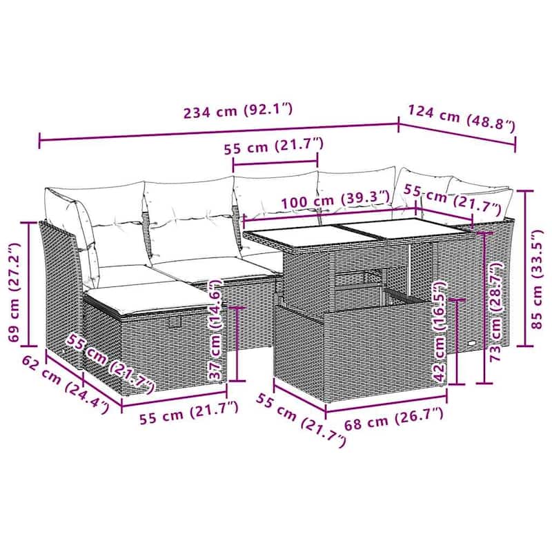 vidaXL Patio Sofa Set with Cushions and Table Outdoor Garden 7 Piece Poly Rattan