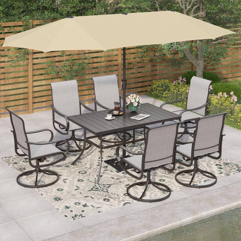 MAISON ARTS 7-piece Patio Dining Set with Textilene Swivel Chairs - Grey+ Beige Umbrella