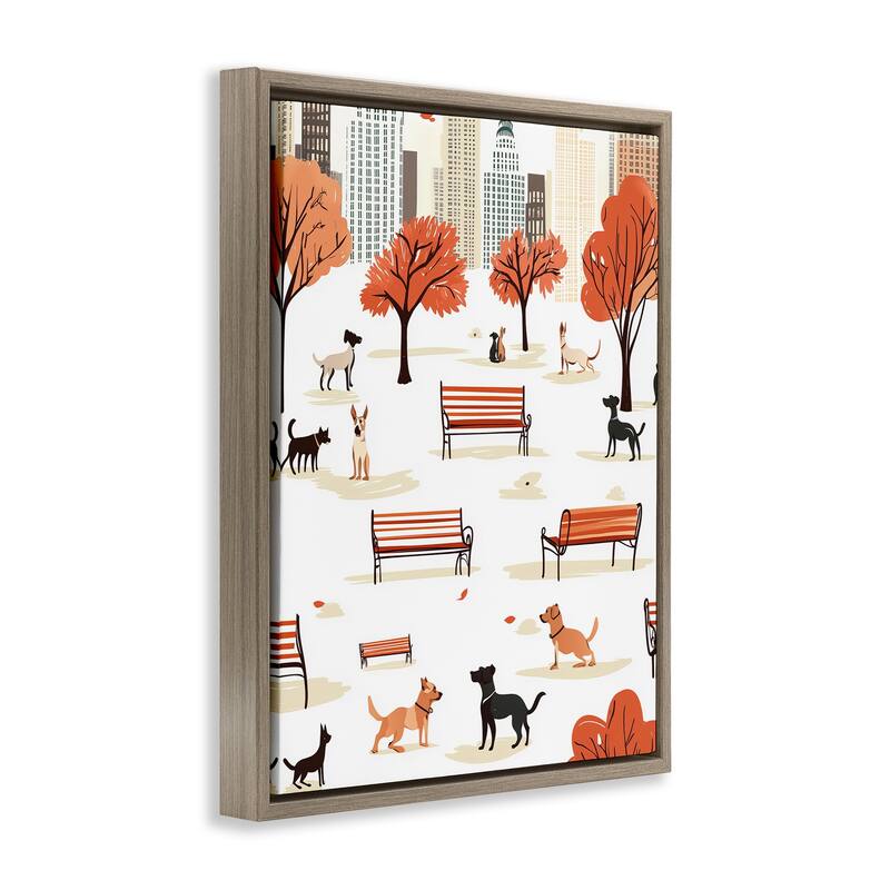 Stupell Autumn City Park Dogs Framed Floater Canvas Wall Art Design By Arlington Prints