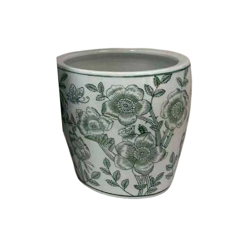 Kerry Accent Planter Pot Set of 4, Green Floral Pattern, White Ceramic