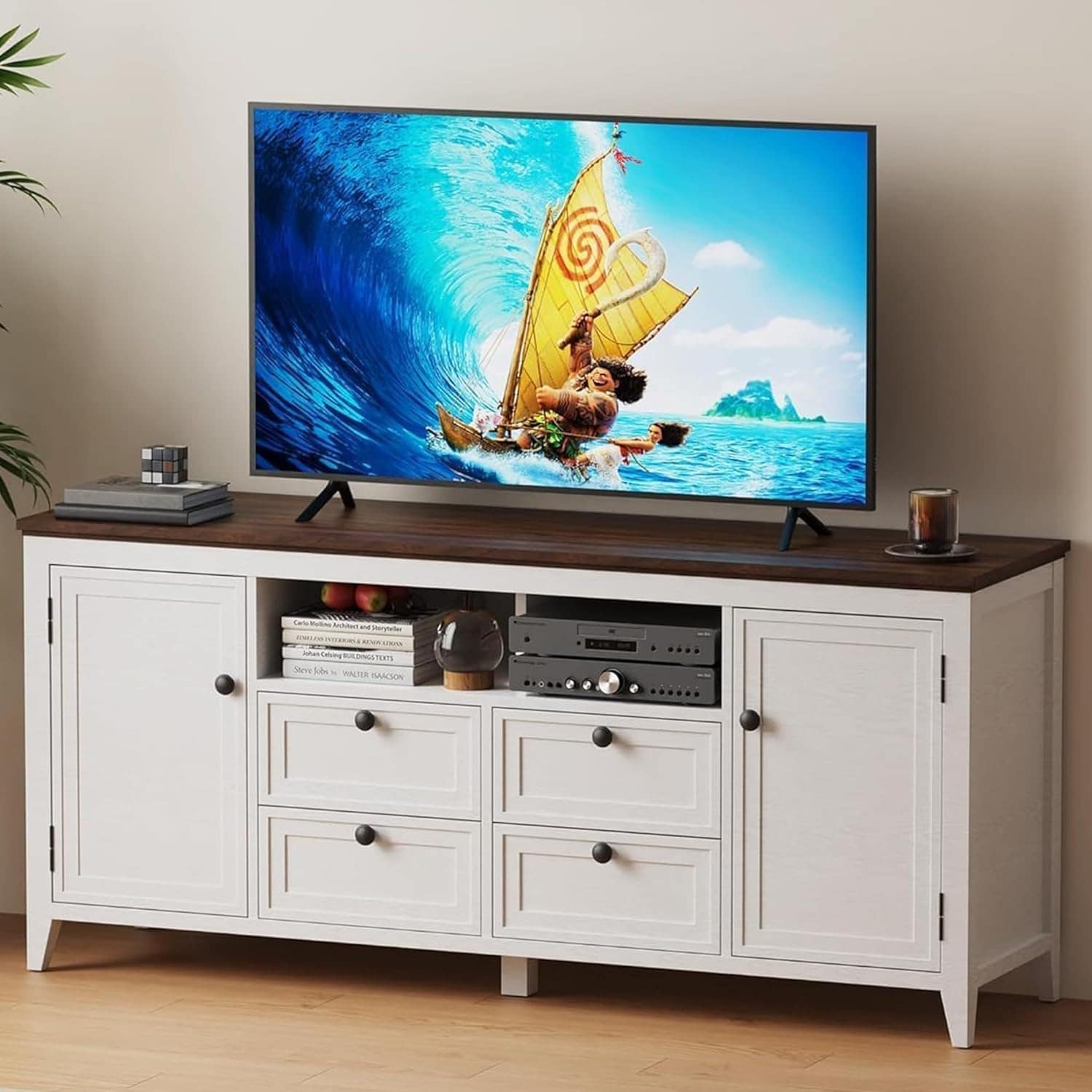TV Stand for 65" TVs, 4-Drawer Media Console with Storage, Modern Design for Living Room or Bedroom - Antique White