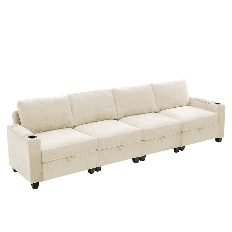 Chenille Sectional Sofa, Hidden Storage & Modular Design - 4-Seater Sofa - Marzipan White