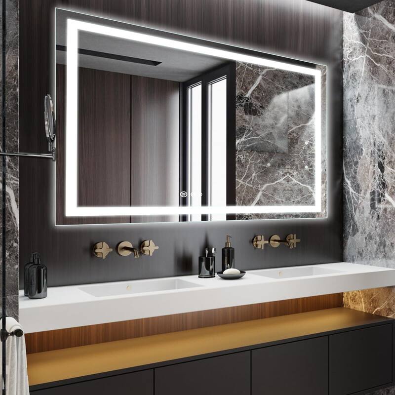LED Bathroom Mirrorwith Front and Backlight, Stepless Dimmable Wall Mirrors with Anti-Fog