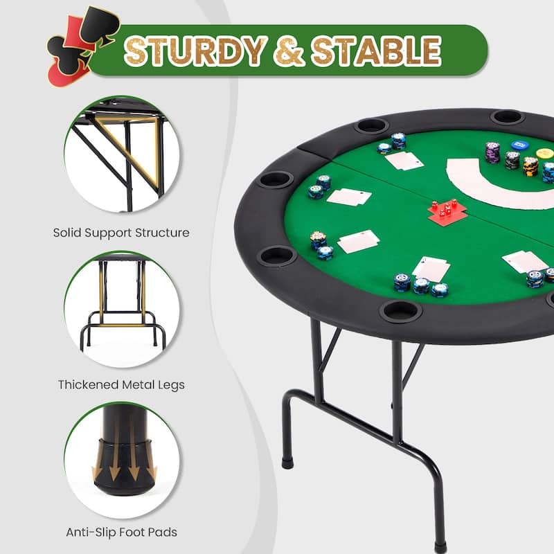 EROMMY Foldable 8 Player Round Poker Table for Home Use with Cup Holders, Casino-Grade Felt Surface, Folding Legs