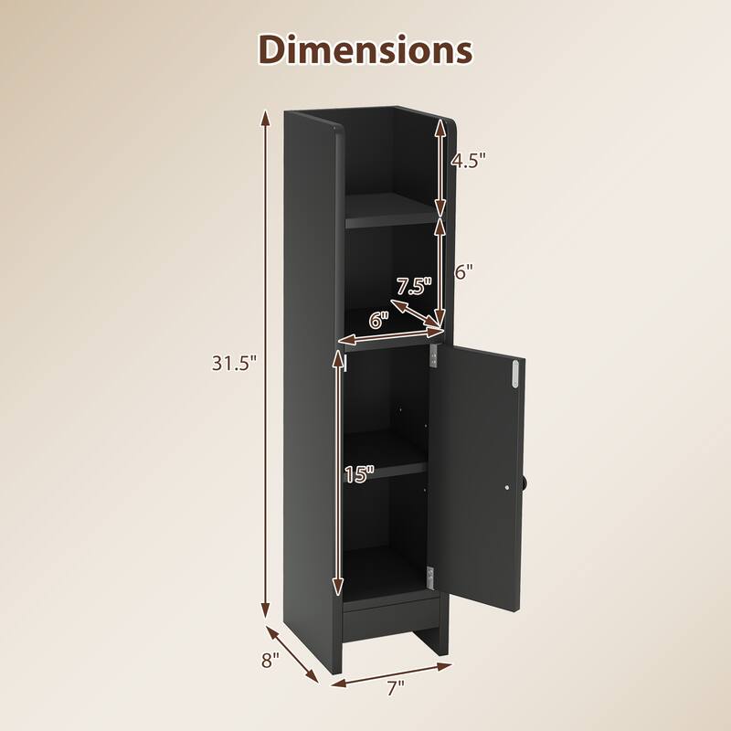 Slim Bathroom Floor Cabinet with Adjustable Shelves Magnetic Door and Open Shelves for Small Spaces - 8" x 7" x 31.5"(L x W x H)