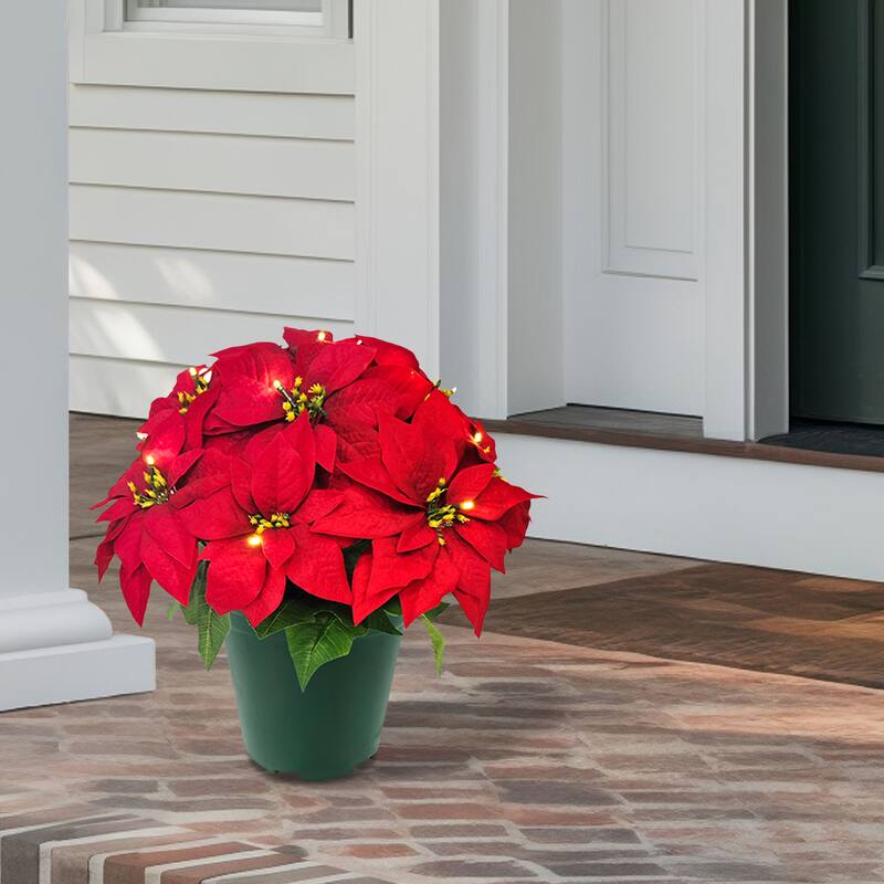 Puleo International 19" Pre-Lit Battery-Operated Artificial Potted Red Poinsettias