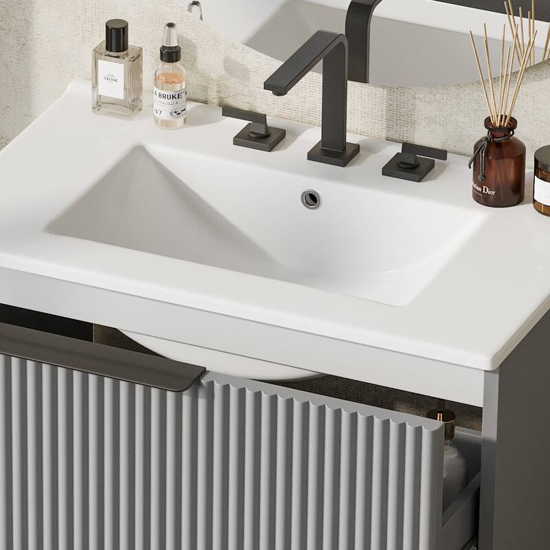 Fluted Bathroom Vanity with Ceramic Sink, Freestanding Vanities Set, Bathroom Storage Cabinet with Full-Extension Drawers