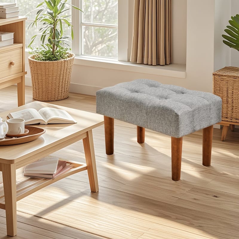 Javlergo Set of 1 or 2 Linen Ottoman Foot Rest with Wooden Legs Tufted Rectangle Upholstered Footstool for Couch Living Room - Single - Grey