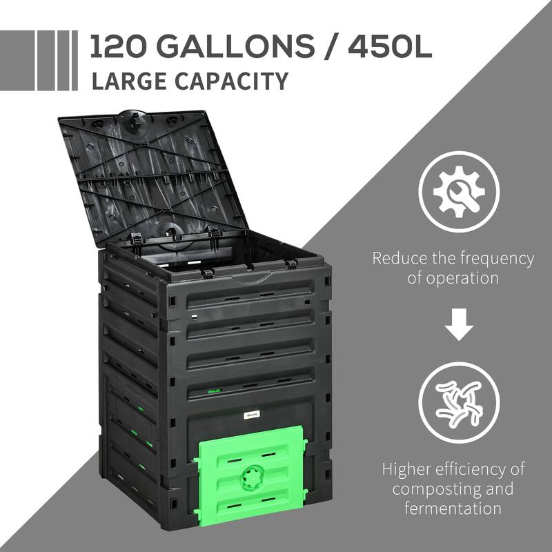 Outsunny Garden Compost Bin, 120 Gallon (450L) Garden Composter with 80 Vents and 2 Sliding Doors, Lightweight & Sturdy