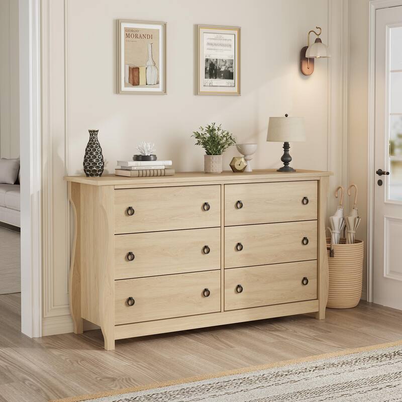 3/6/7 Drawer Dresser - Boho Dresser with Curved Legs, Freestanding Storage Chest Organizer - 6-drawer - Natural