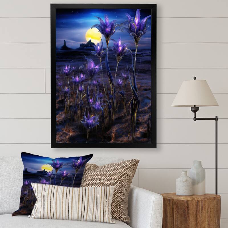 Designart "Blossoming Bluebonnet Flowers In Alien Universe" Blue Bonnets Framed Canvas Prints - 34 in. wide x 44 in. high - Black