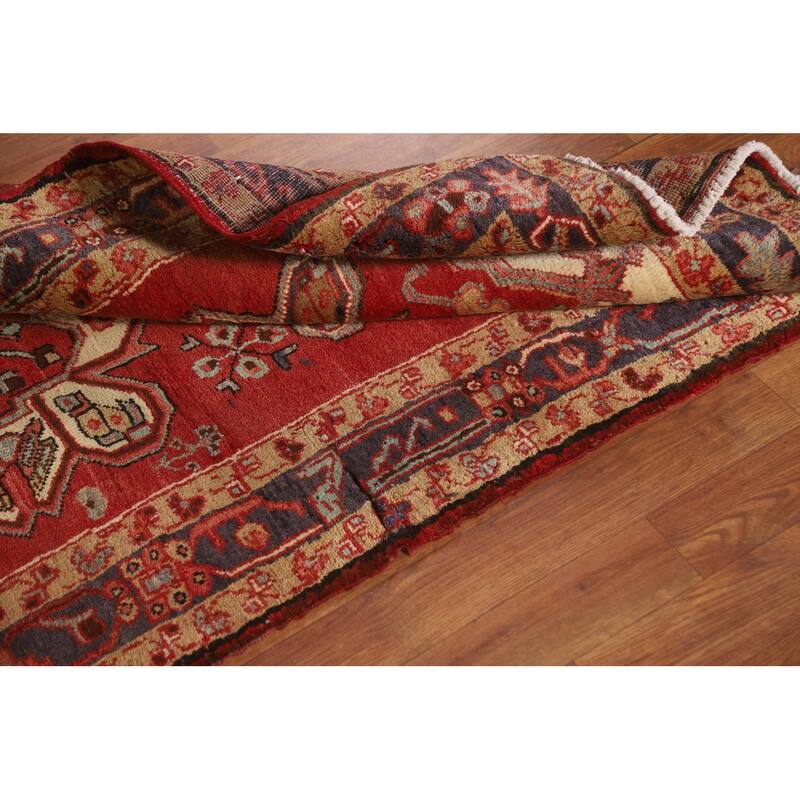 Vegetable Dye Red Heriz Persian Vintage Runner Rug Handmade Carpet - 3'1"x 9'8"