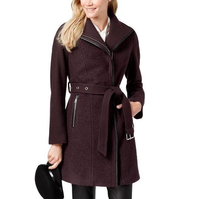 Merlot Tahari Women/'s Asymmetrical Belted Puffer Coat
