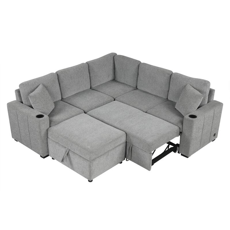 Convertible Sectional Sofa with Pull-out Sofa Bed and Dual Cup Holders