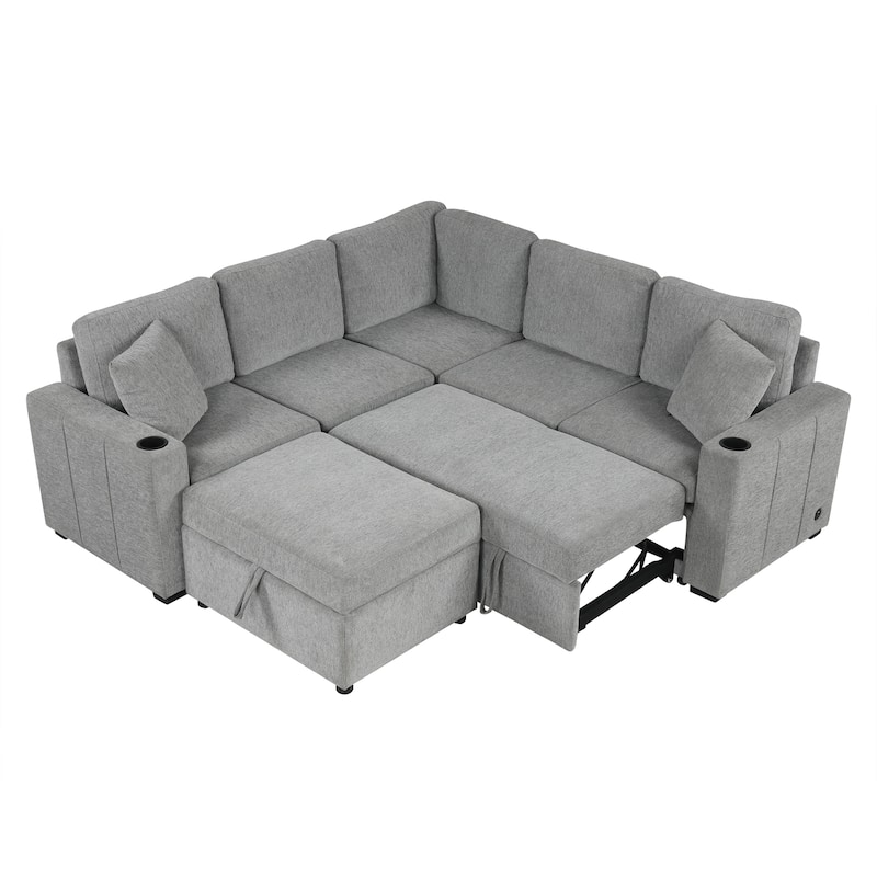Roomfitters 84.7" Convertible Sectional Sofa Bed with Pull-Out, L-Shaped U-Shaped Configuration & Storage Ottoman