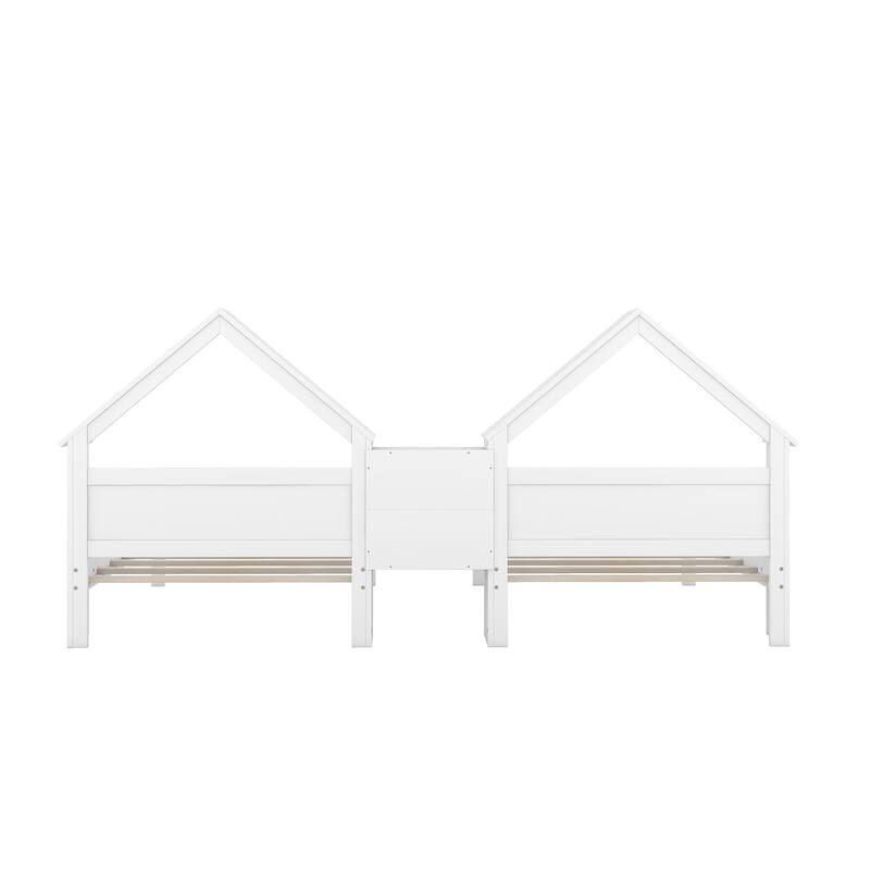 Twin Size Platform Bed with House-Shaped Headboard, Built-in Nightstand, and Guardrails