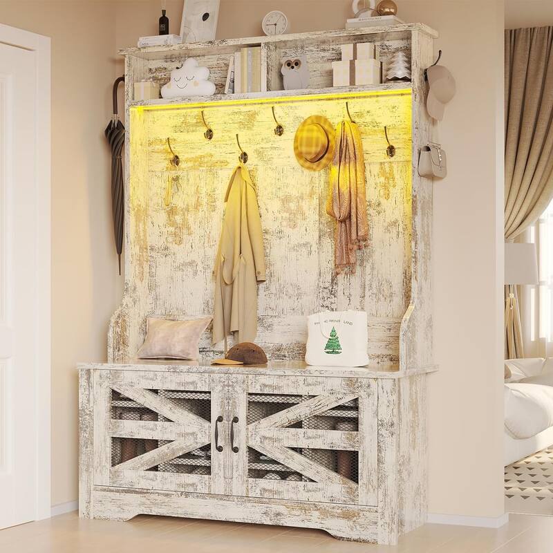Hall Tree w/ Bench Shoe Storage Shoe Cubby Barn Door Adjustable Shelf - 43.3" - Antique White