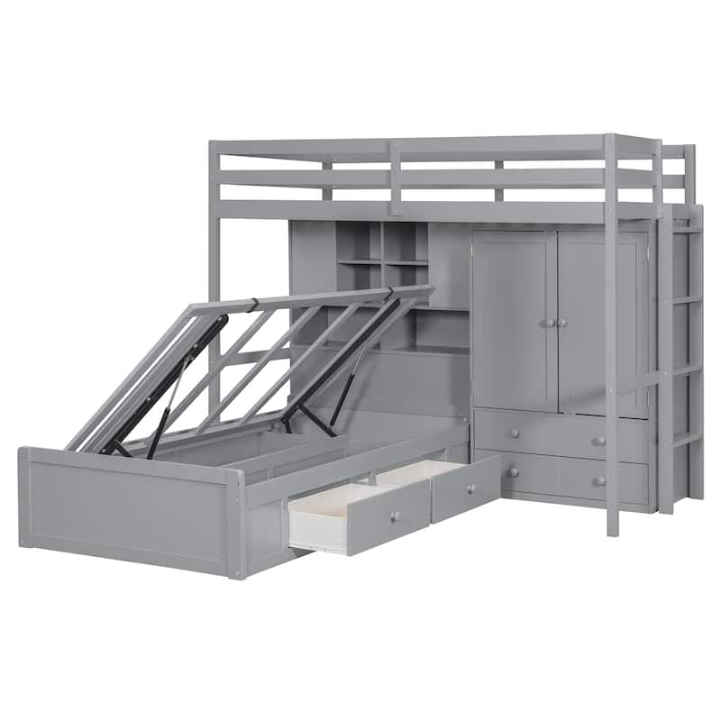 Twin Bunk Bed with Drawers, Wardrobe, Storage Shelves, and Hydraulic Lift, Gray