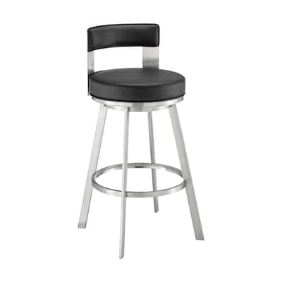Ami 26 Inch Swivel Counter Stool Chair, Black Faux Leather, Stainless Steel